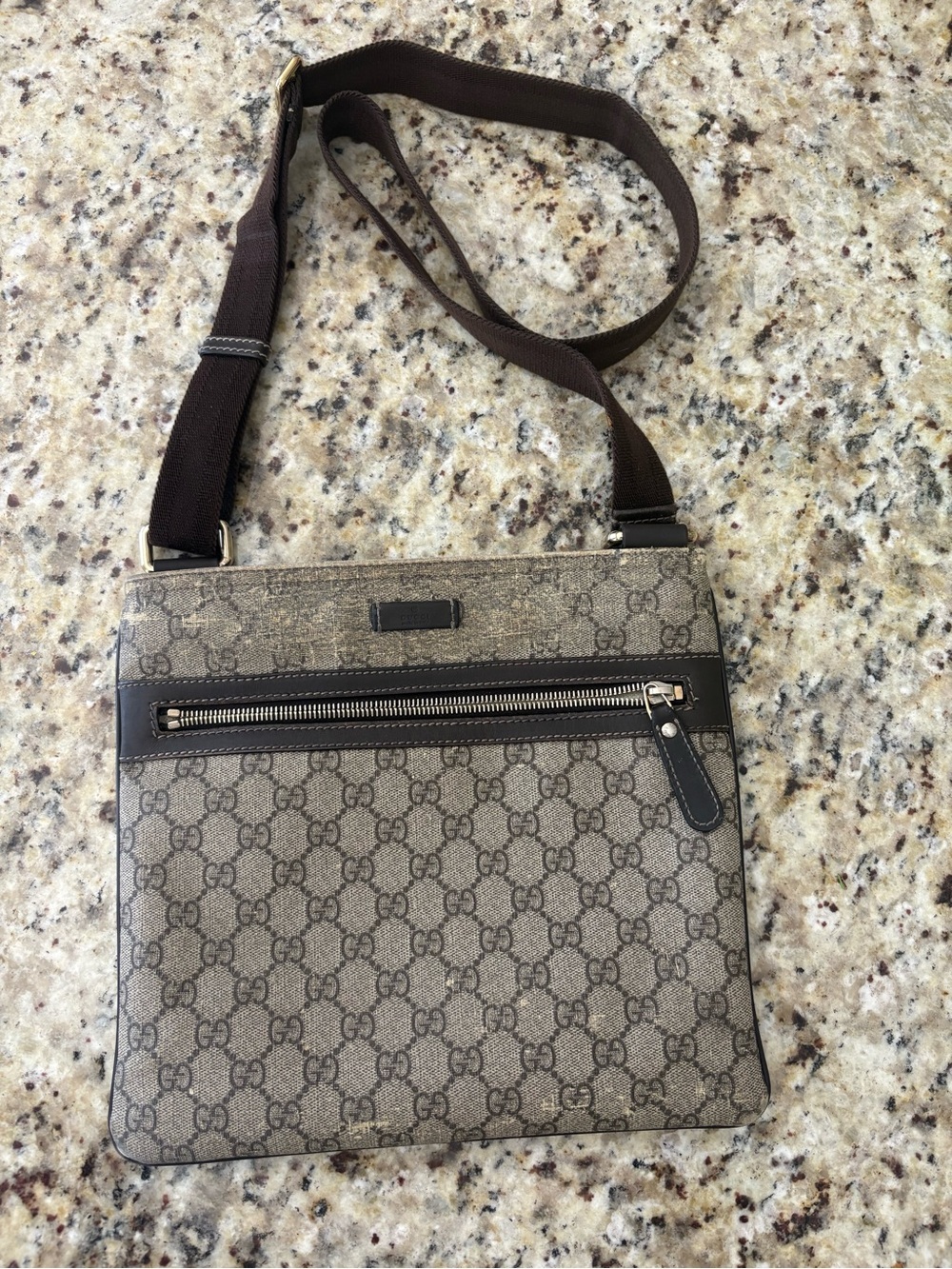Gucci Beige Brown GG Supreme Messenger Bag with Dark Brown Strap